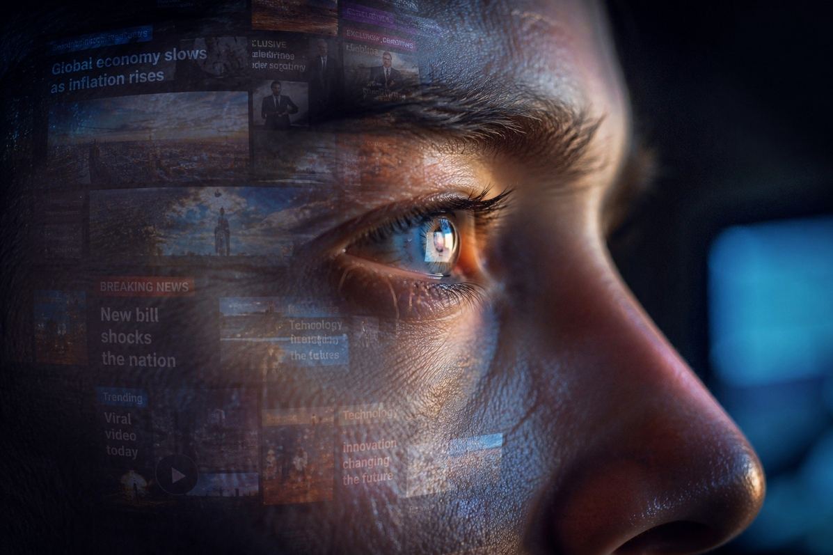 A human face in profile with faint screen reflections beneath the skin and a glowing screen reflected in the eye