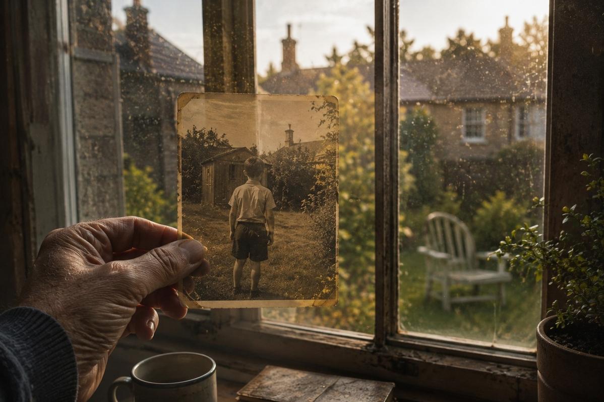 An old photograph overlapping with a present-day window view, symbolising how memory shapes current perception