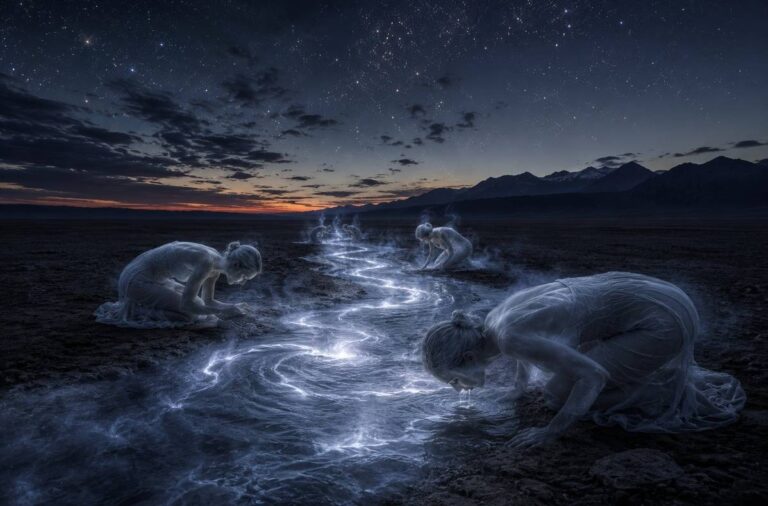 Spectral river at twilight with translucent souls drinking from shimmering waters
