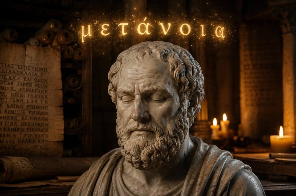 Ancient Greek marble bust of a philosopher with ethereal Greek letters floating above