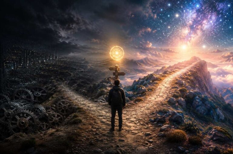 A solitary seeker at a twilight crossroads with the nous awakening above their head
