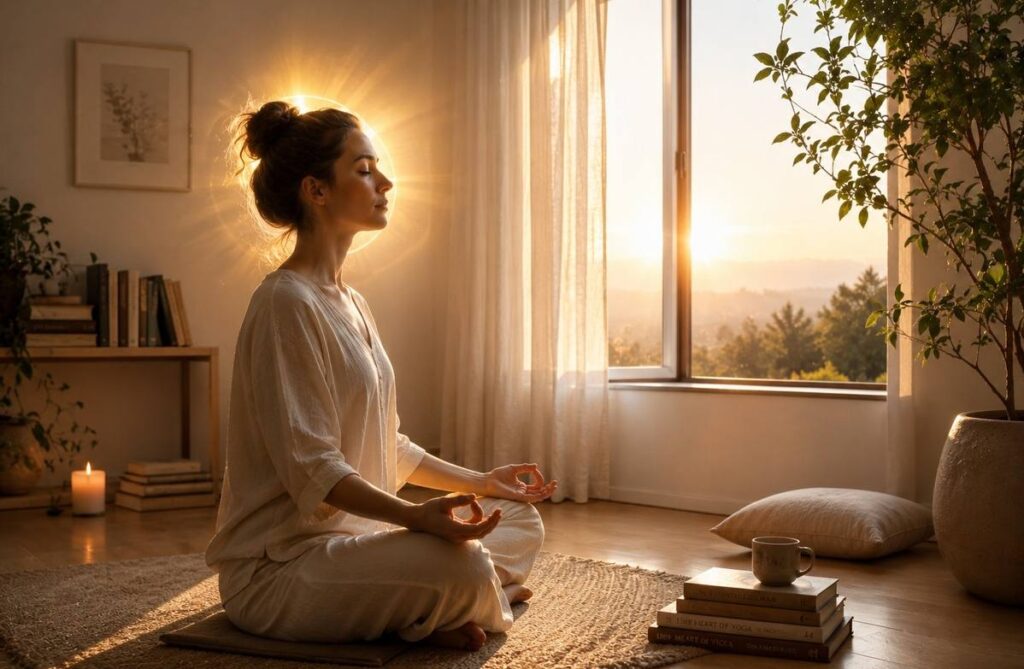 Modern seeker meditating at dawn with subtle golden aura around the head