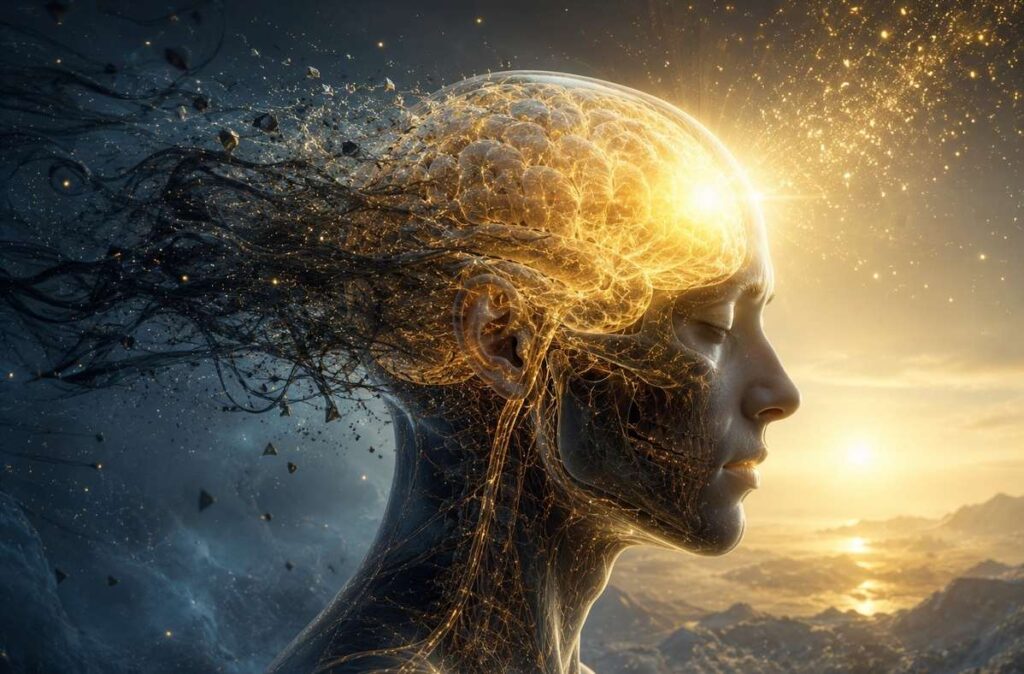 Human head in profile with transparent skull revealing golden neural pathways