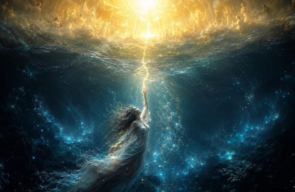 Luminous divine figure Sophia ascending through dark waters toward radiant light