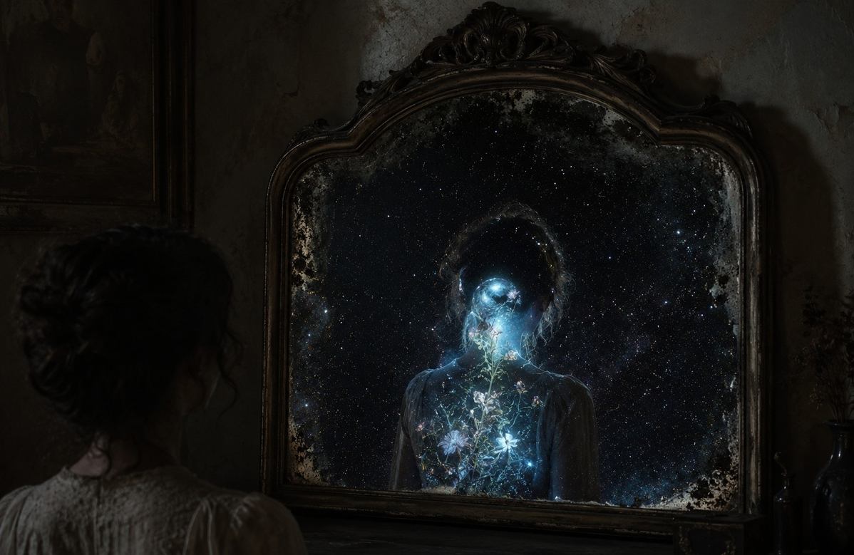 An antique mirror reflecting a starfield and a glowing inner silhouette instead of the room