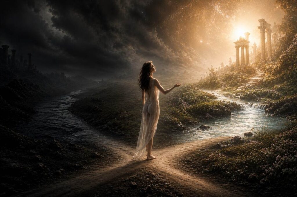 Figure standing at a crossroads between a dark river and a luminous spring, reaching toward the light