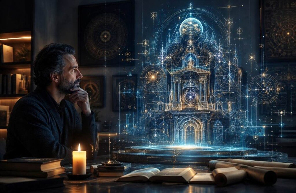 A contemporary thinker gazing at holographic cosmic architecture blending ancient and futuristic elements