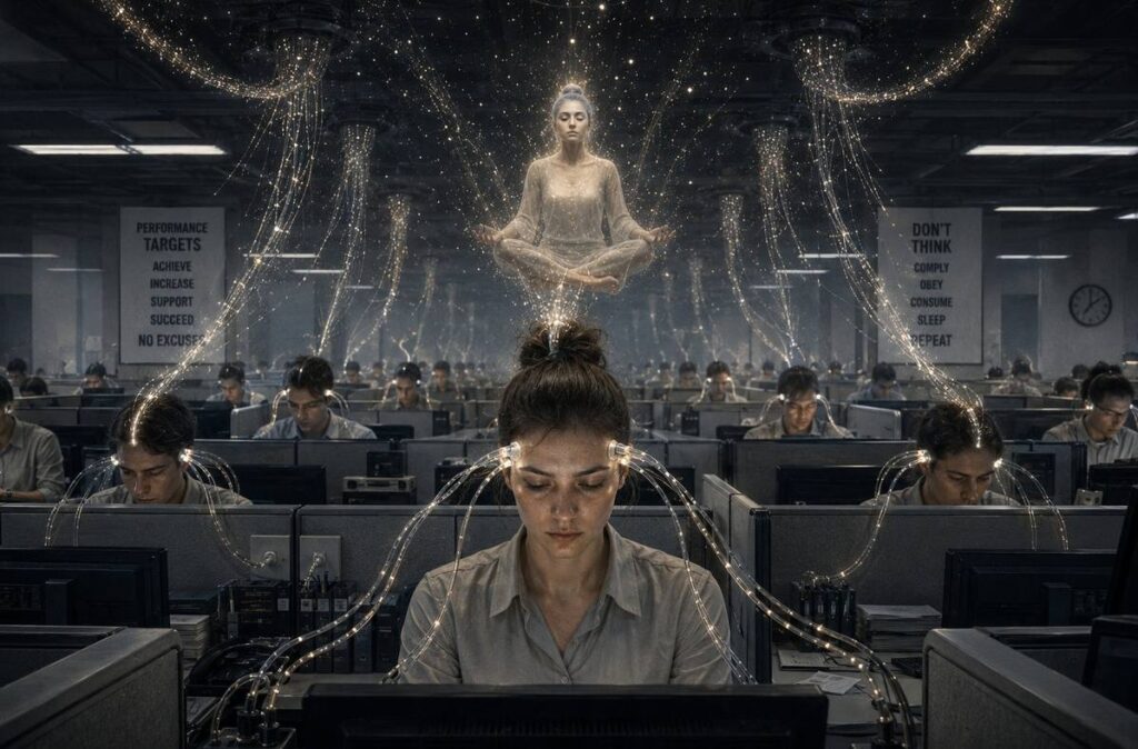 A surreal office scene with fibre-optic cables harvesting consciousness, representing modern archontic extraction through the attention economy.