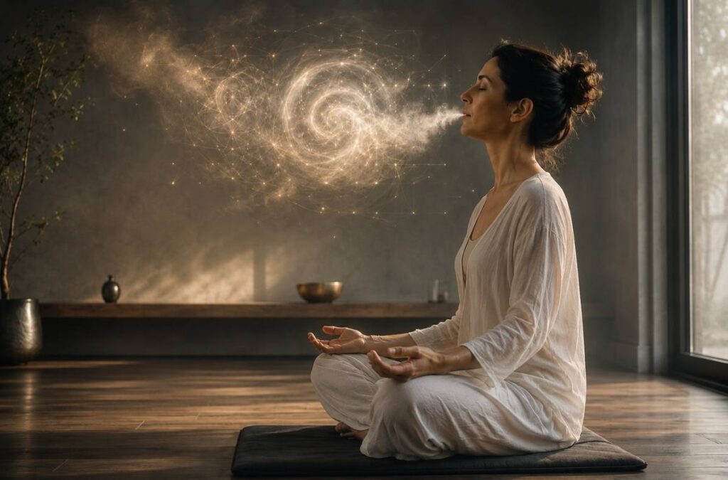 A modern meditator with breath condensation forming a luminous spiral in cold air, transforming into geometric light patterns.
