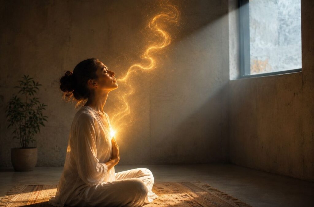 A modern practitioner in a minimalist space with breath visible as a spiral of golden light rising from their body.