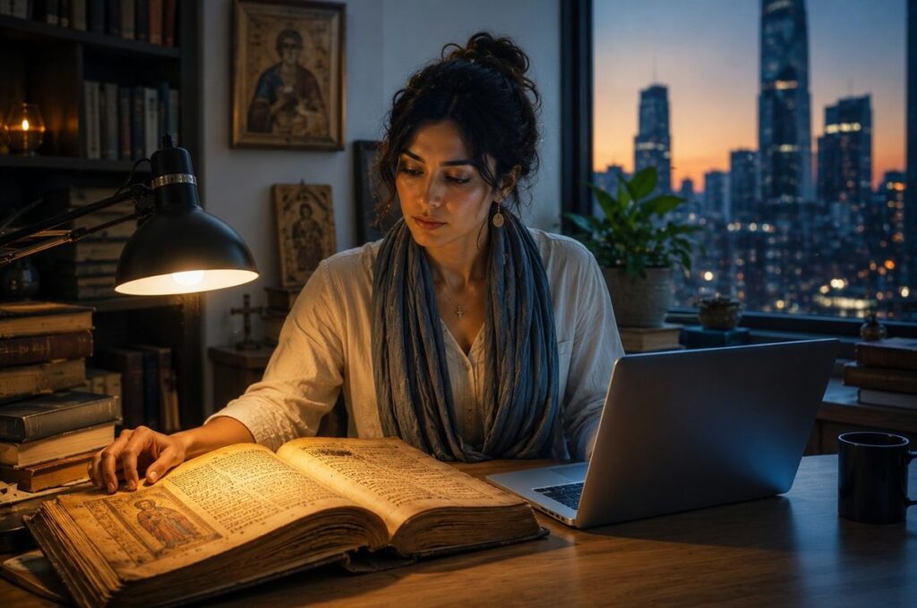 A contemporary figure at a desk with an ancient codex and a glowing laptop, symbolising Neo Gnosticism as synthesis of ancient and modern.