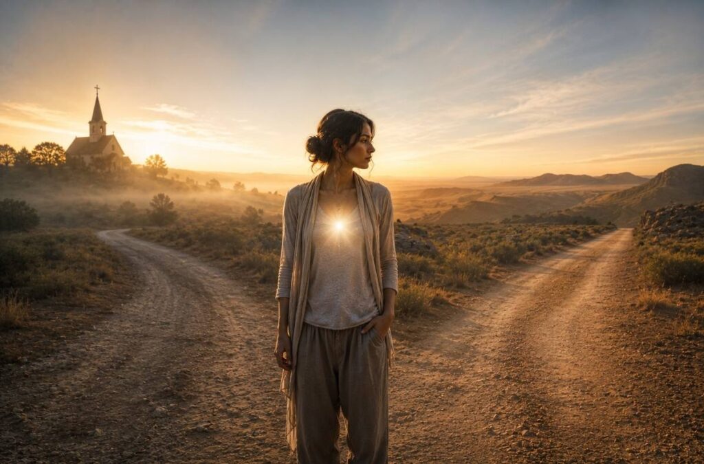 A modern seeker at a crossroads at dawn between church and wilderness paths