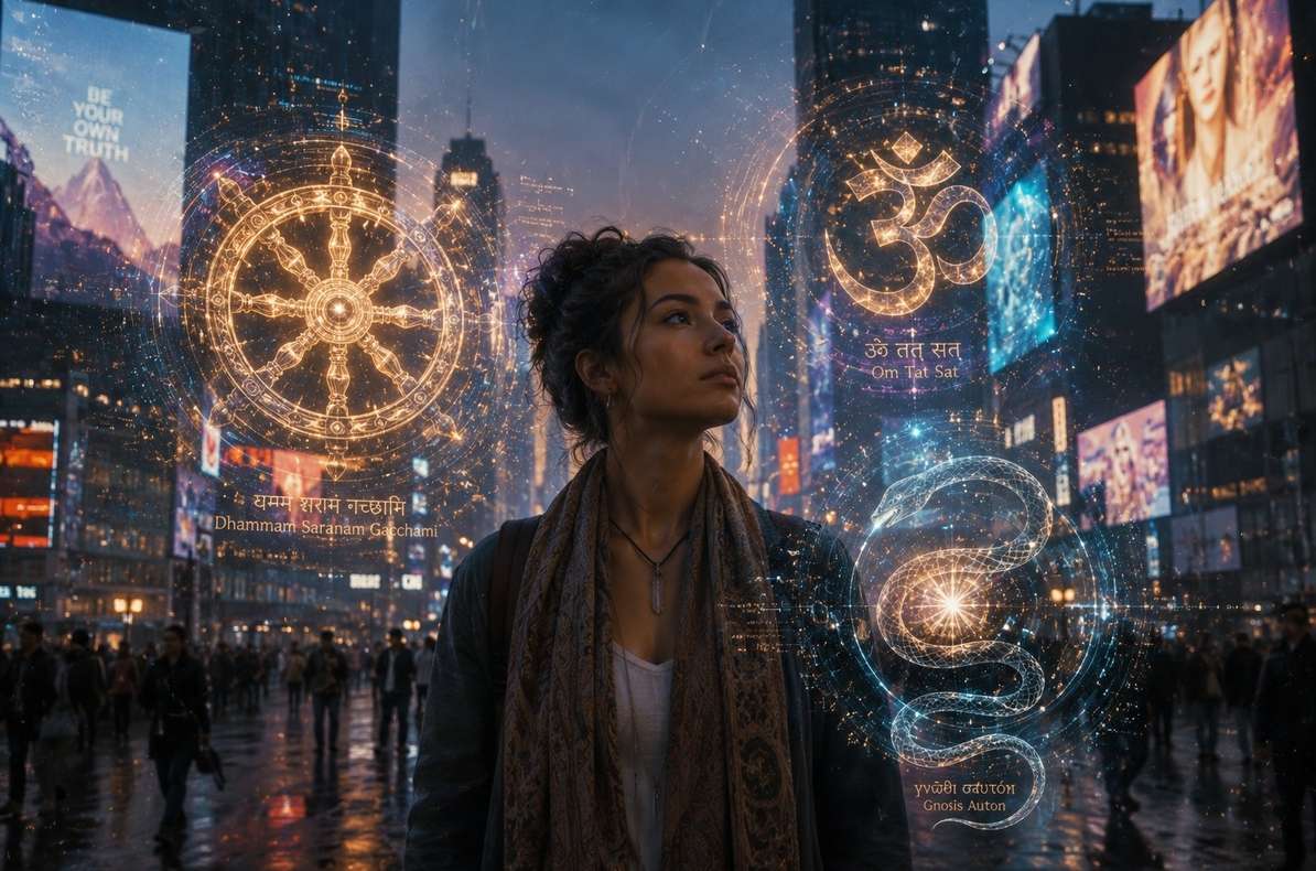 Contemporary seeker in modern city at twilight, with translucent overlays of Buddhist wheel, Hindu Om, and Gnostic serpent-with-spark