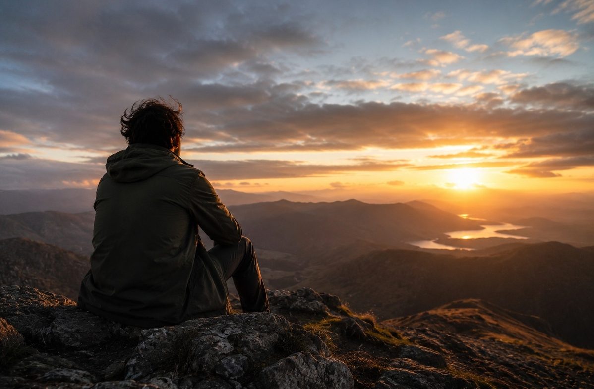 A person on a mountaintop at dawn looking directly at the raw, unfiltered sunrise with no technology, symbolising the reclamation of direct experience from mediation