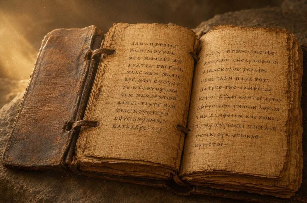 Open Nag Hammadi codex showing multiple tractates bound together with leather ties