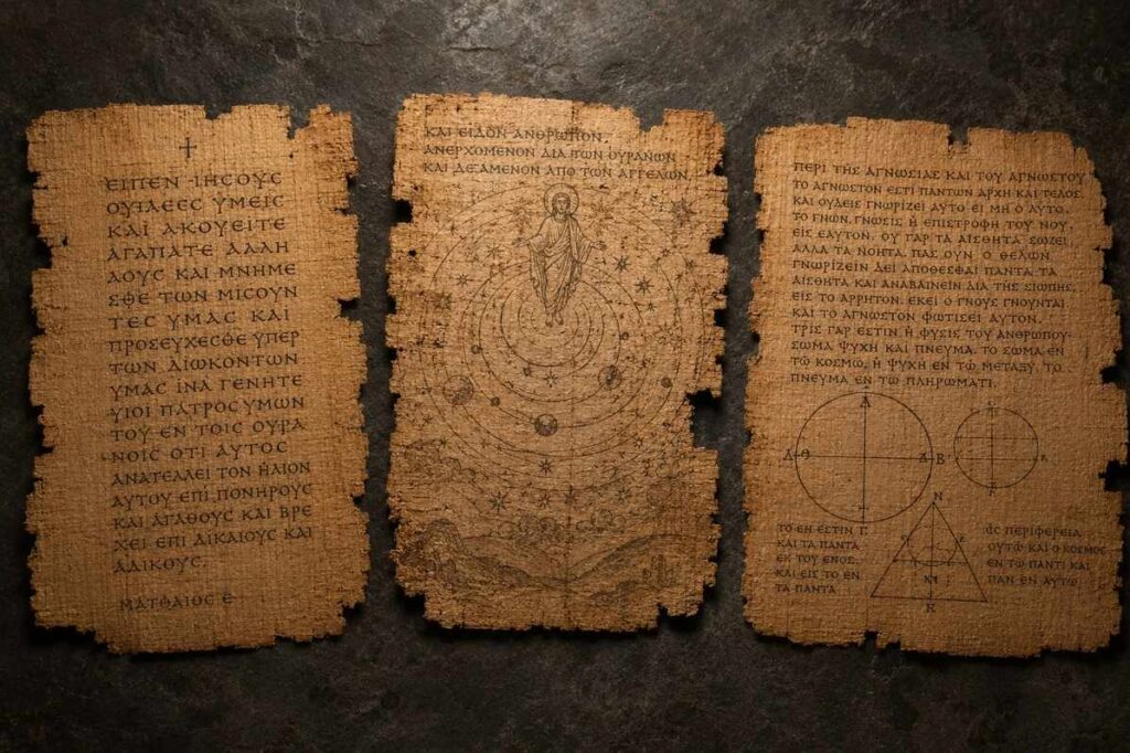 Three ancient manuscript fragments representing different genres: a gospel, an apocalypse, and a treatise