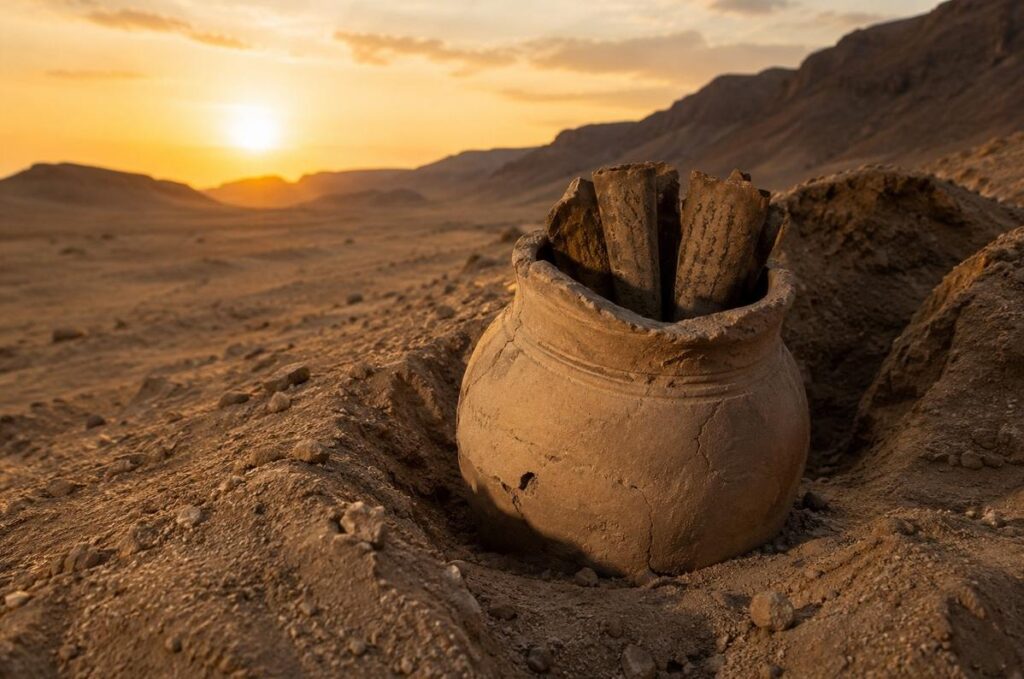 The Nag Hammadi discovery site in the Egyptian desert at twilight, ancient clay jar partially unearthed with papyrus fragments visible.