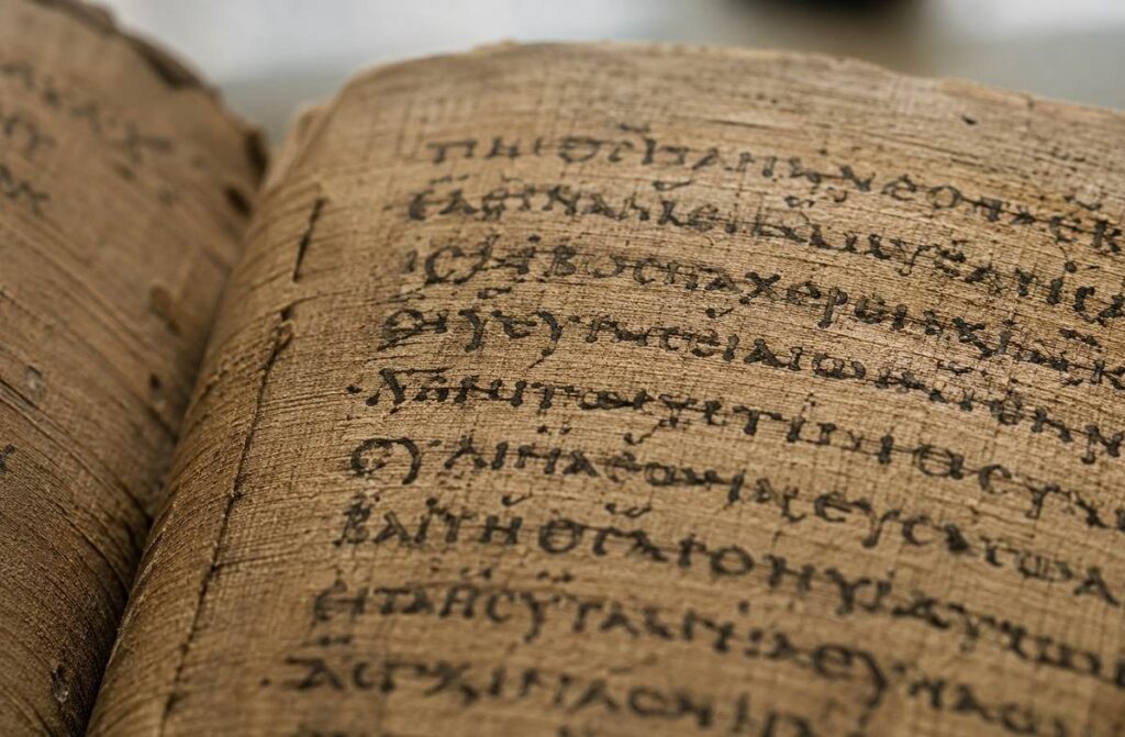 Macro detail of Nag Hammadi papyrus pages showing Sahidic Coptic script