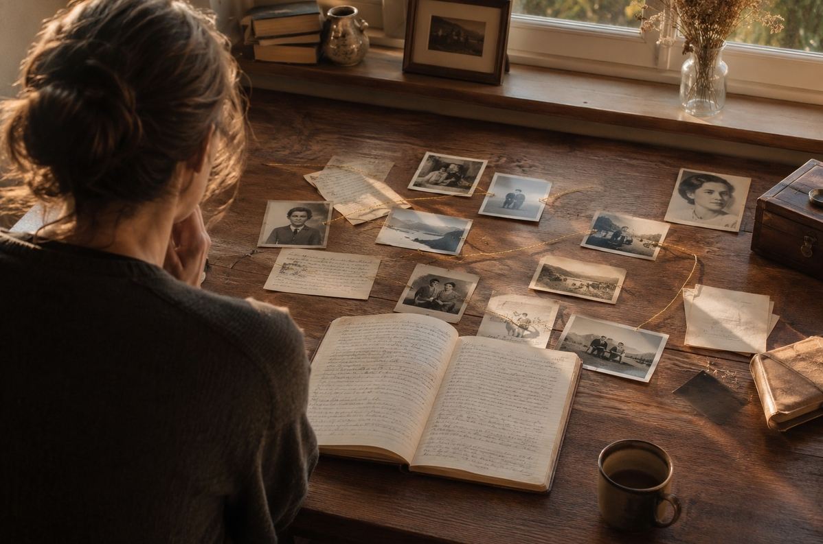 A person sitting at a wooden desk with old photographs, notebooks and a thread connecting fragments of memory into a coherent life story.