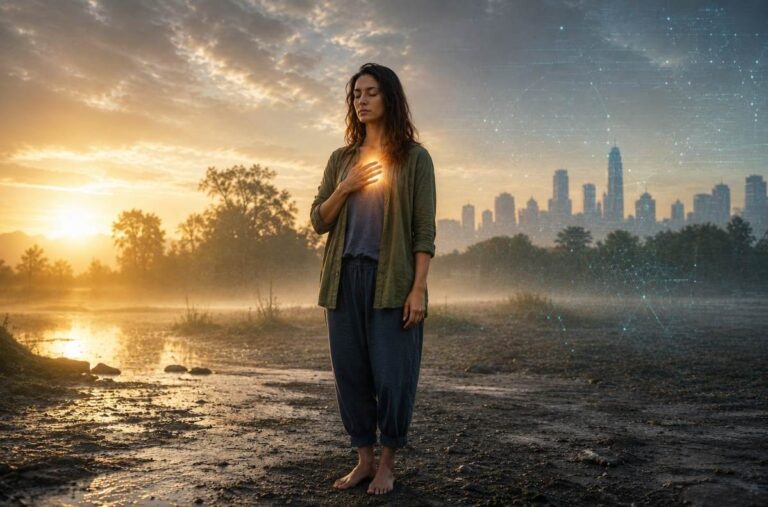 A modern seeker standing barefoot on earth at dawn with golden light at the heart, symbolising embodiment in Neo Gnosticism.
