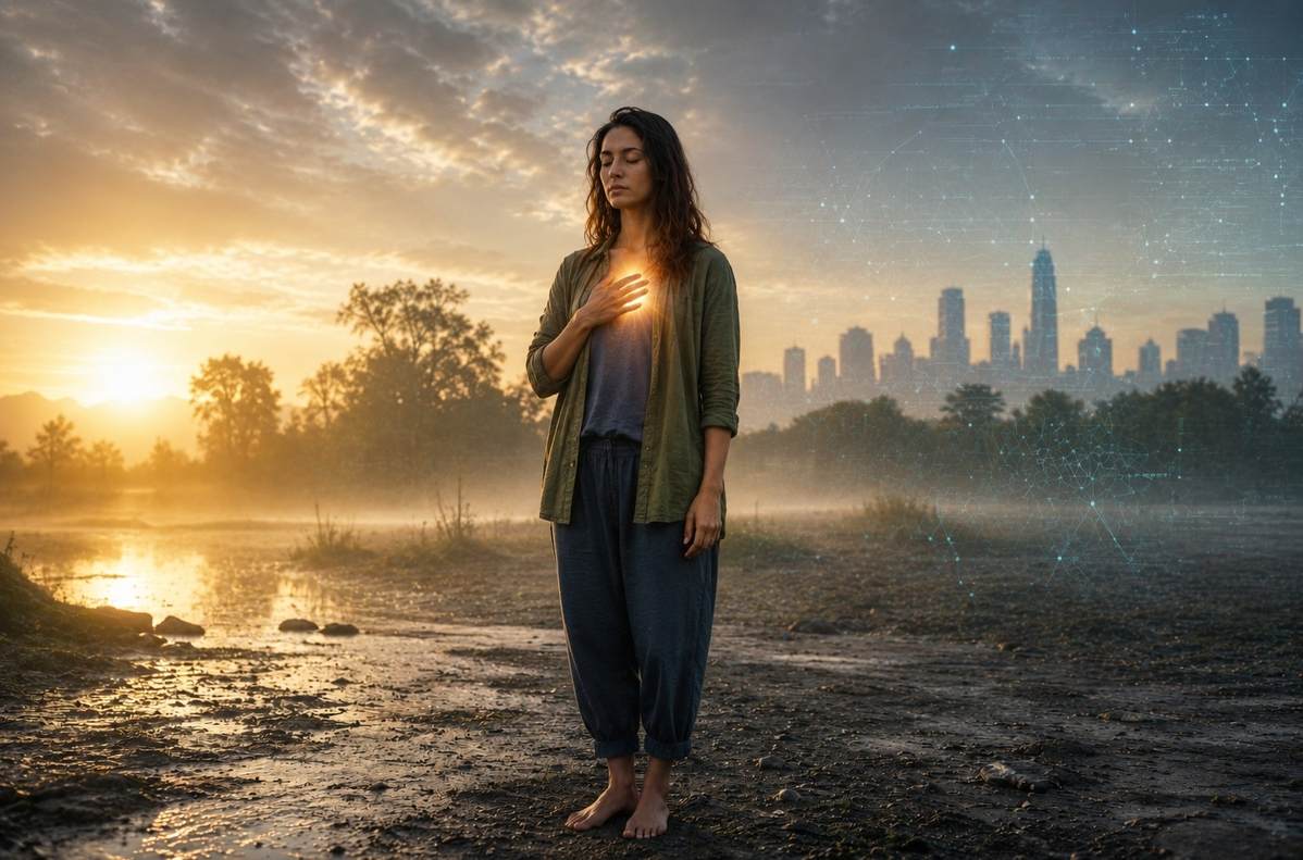 A modern seeker standing barefoot on earth at dawn with golden light at the heart, symbolising embodiment in Neo Gnosticism.