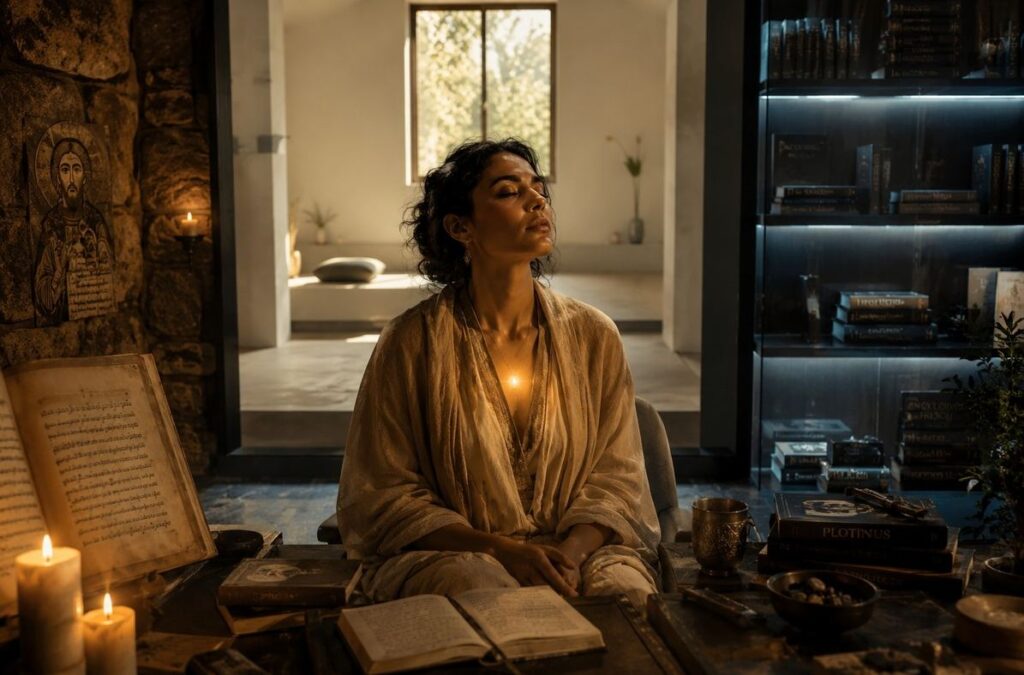 A contemplative figure surrounded by three atmospheres: ancient manuscript, philosophical library, and meditation space, symbolising the triple nature of Neo Gnosticism.