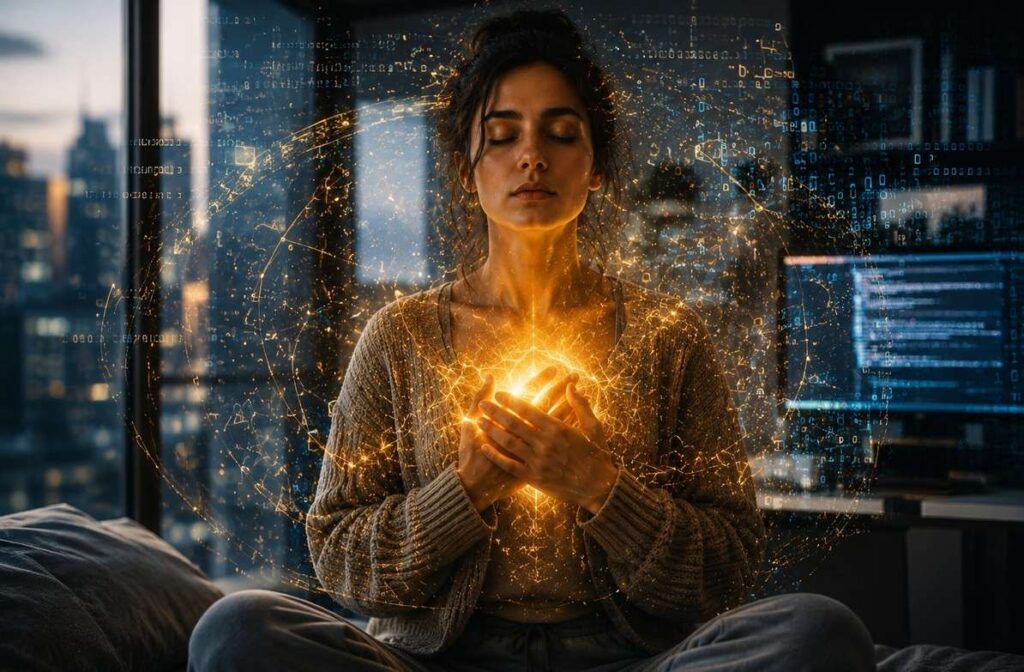 A contemplative figure seated in urban space with golden light emanating from the chest and digital code patterns floating around them