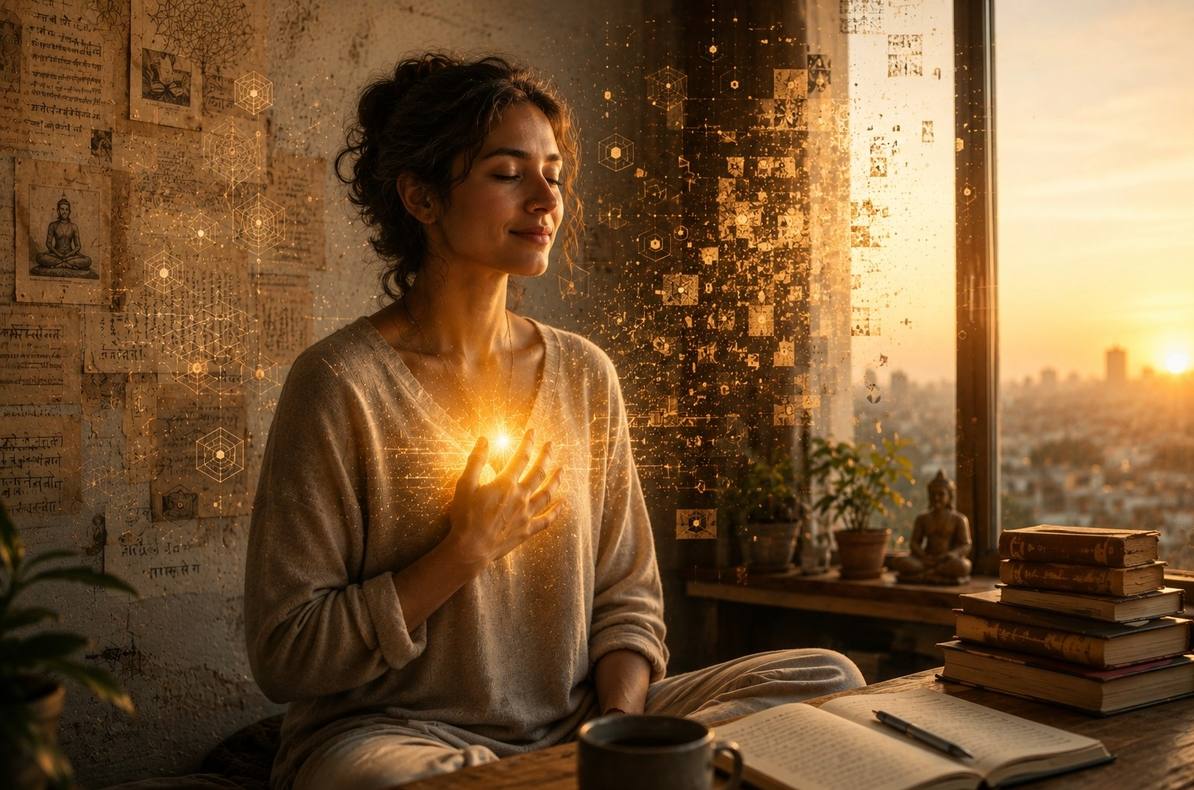 A modern seeker with golden light glowing from the heart, symbolising the divine spark in neo Gnosticism