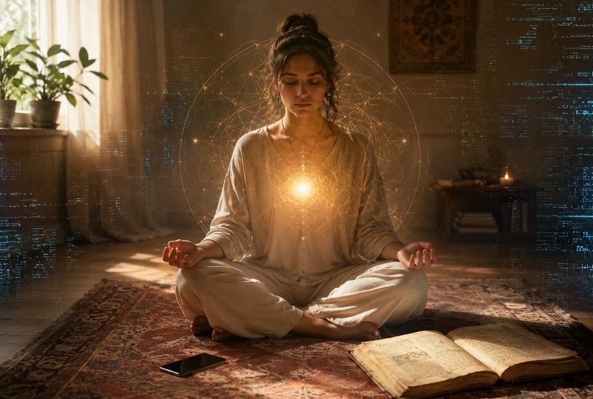 A modern seeker practising quiet attention beside an ancient text and a silenced phone, symbolising Neo Gnostic practice in the digital age.