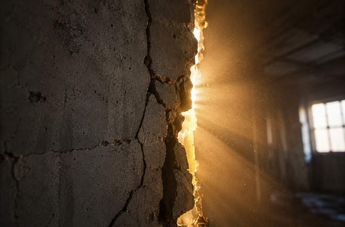 Crack in a concrete wall revealing bright natural light beyond