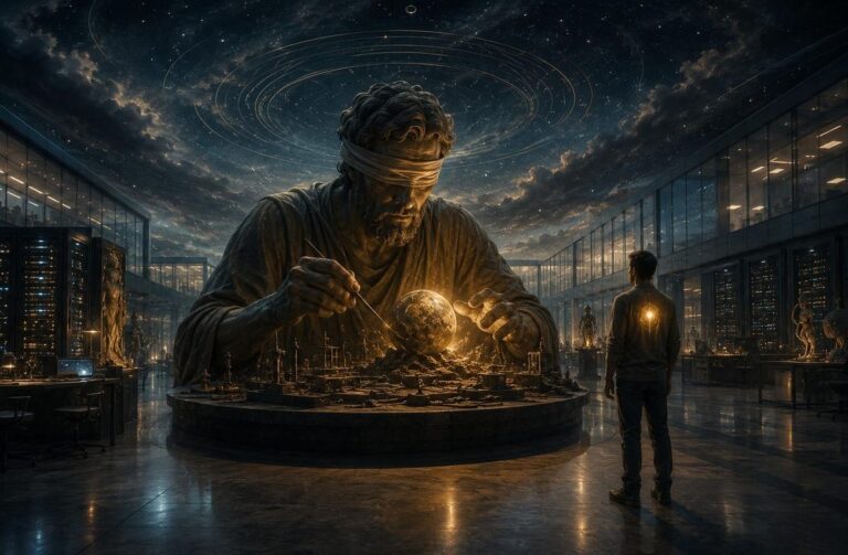 A blindfolded craftsman shaping a small glowing world from clay and circuit patterns beneath a modern administrative sky, symbolising the Demiurge as false authority in Neo Gnosticism
