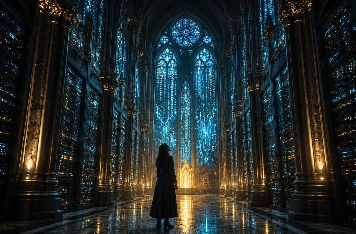 Server room with cathedral-like architecture and stained glass displaying code
