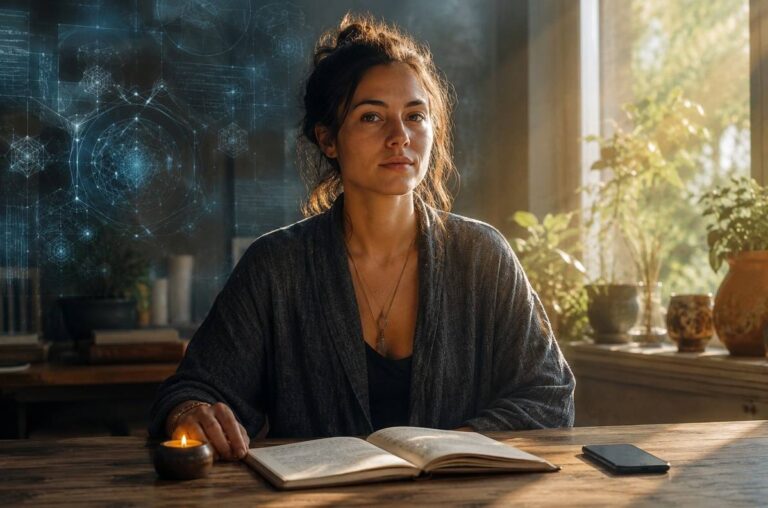 A grounded modern seeker seated beside a notebook, candle and face-down phone, symbolising discernment and safety in Neo Gnostic practice