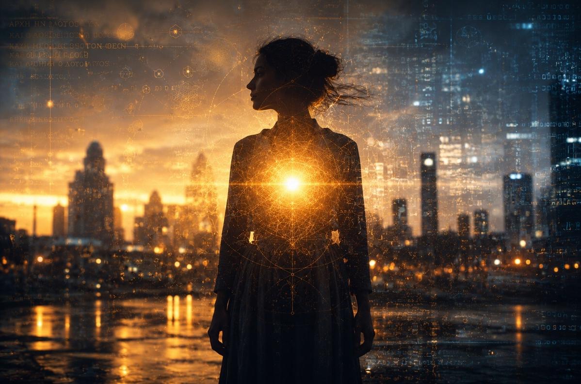 Human silhouette with luminous golden light emanating from the chest in urban twilight