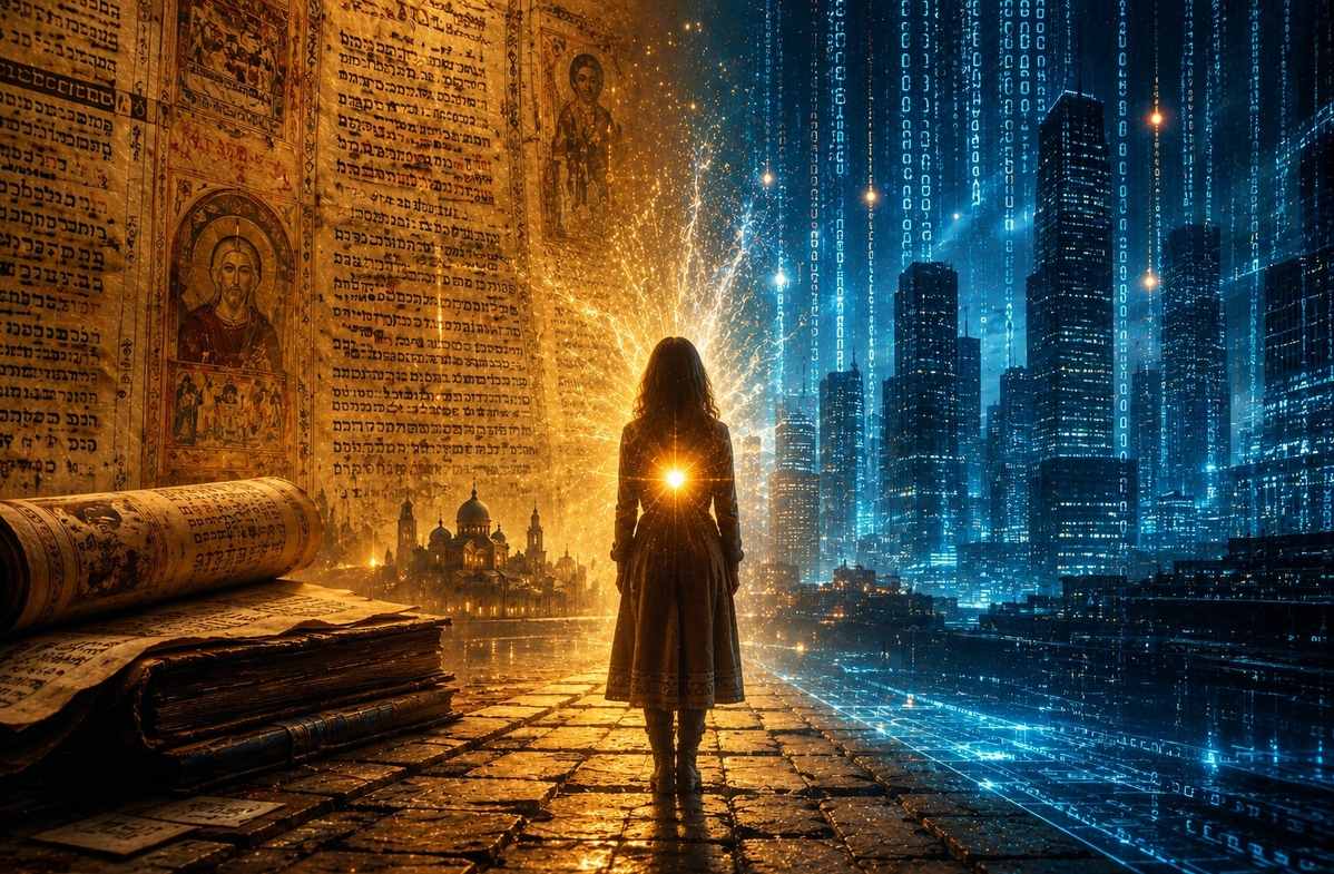 Solitary figure at intersection of ancient manuscript and digital cityscape with divine spark