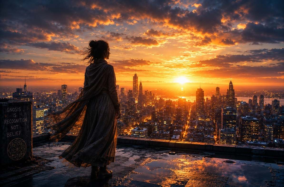 Solitary figure on an urban rooftop at dawn with city lights below and golden sky above