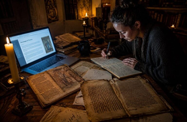 A modern seeker studying ancient Gnostic manuscripts beside a glowing laptop in a candlelit study, bridging ancient and contemporary worlds.