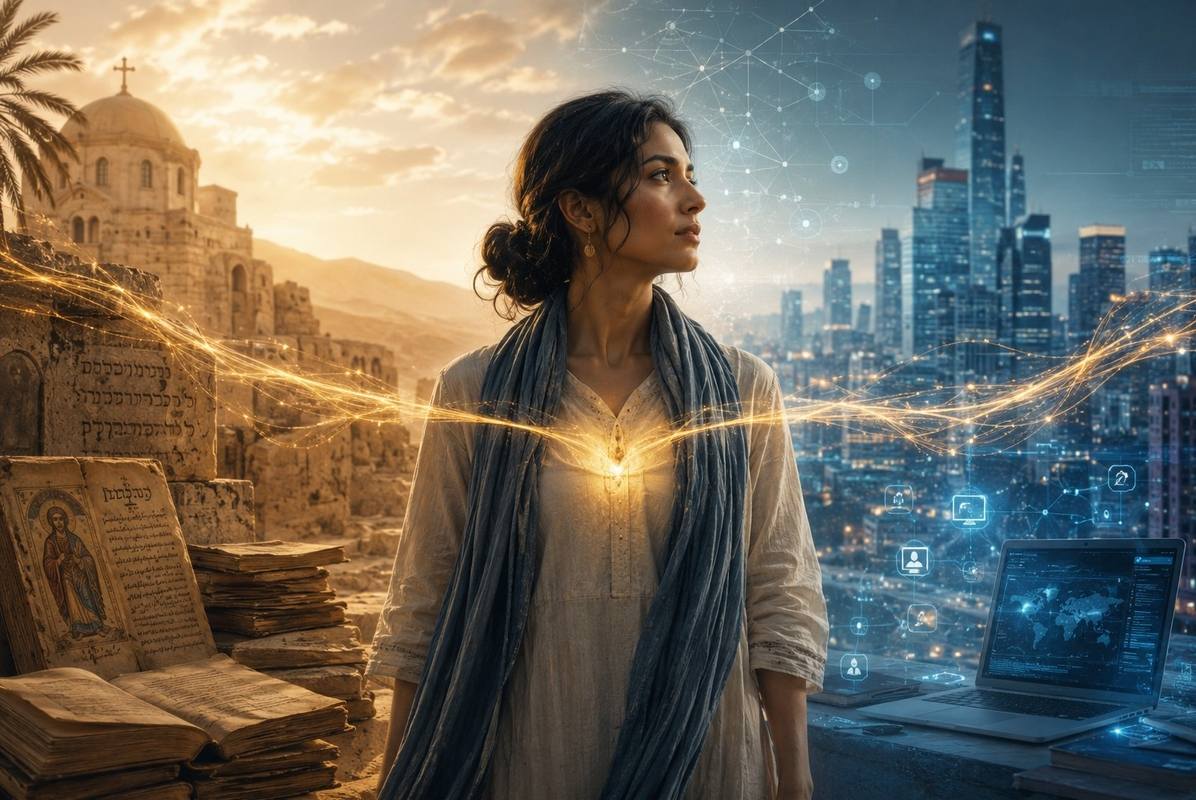A contemplative modern seeker standing between ancient Coptic manuscripts and a modern digital city, symbolising the relationship between ancient Gnosticism and Neo Gnosticism.