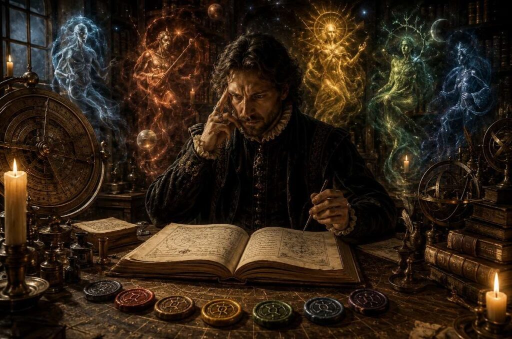 Renaissance magician consulting celestial intelligences before a brass astrolabe and planetary seals, representing mastery within the spheres.