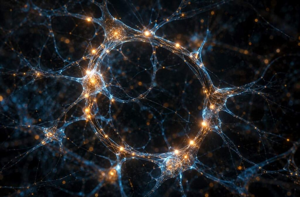 Macro photograph of glowing neural pathways forming a circular loop pattern, representing how repetition is encoded in the nervous system.