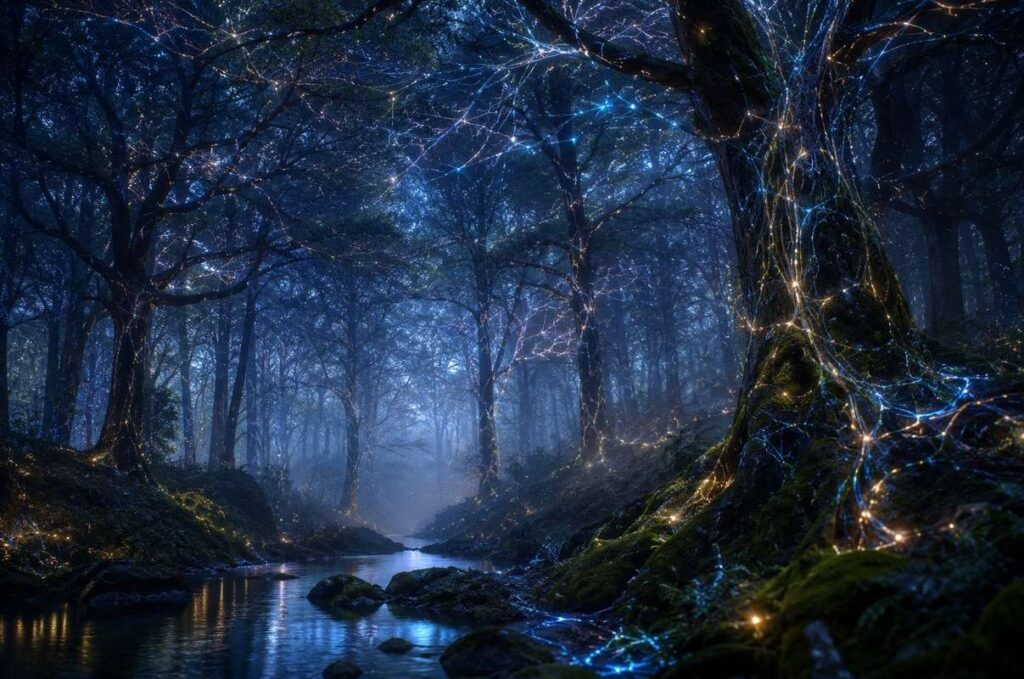Neural forest representing illuminated pathways of altered consciousness