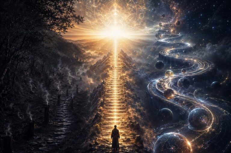Triptych landscape of three spiritual paths converging toward luminous horizon