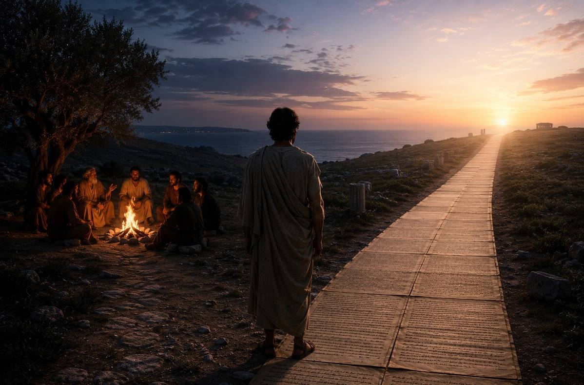 A central figure between a warm circle of firelit storytelling and a straight road of written pages, symbolising oral and literate modes of thought