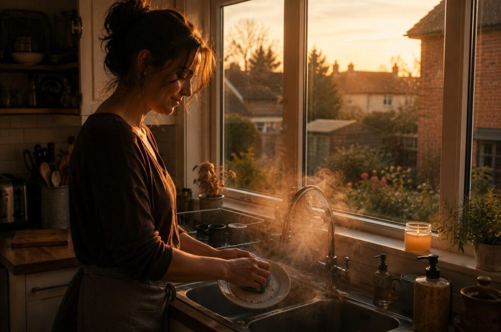 Person washing dishes at a kitchen window during golden hour with steam and a candle.