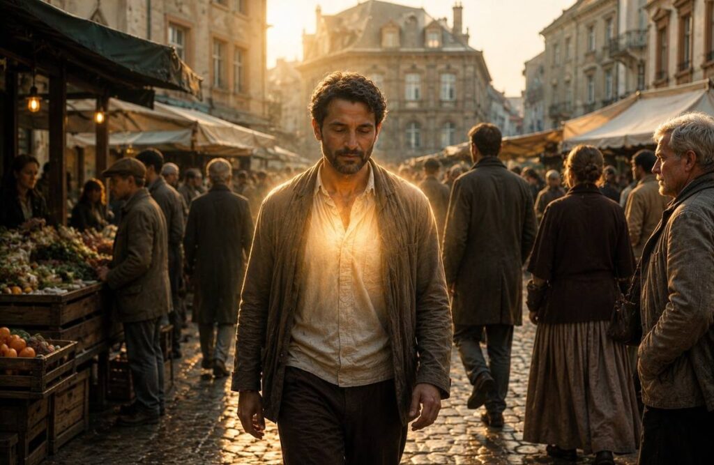 Ordinary saint figure commuting through marketplace at dawn with quiet radiance