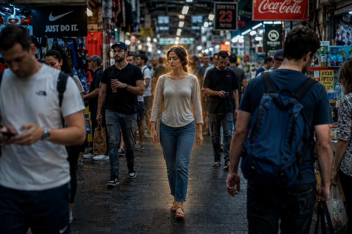 Simple clothed figure walking through busy modern marketplace with subtle golden aura unnoticed by surrounding shoppers