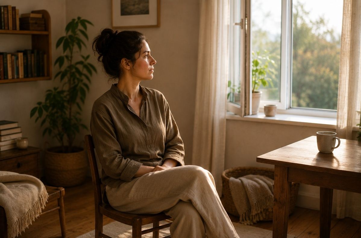 A person slowly looking around a quiet room with soft natural light, noticing safe details in the environment