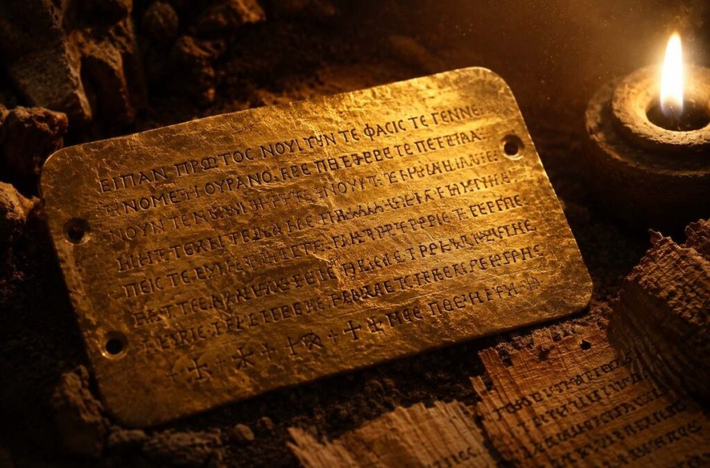 Ancient Orphic gold tablet with inscribed instructions resting in a burial context under warm candlelight