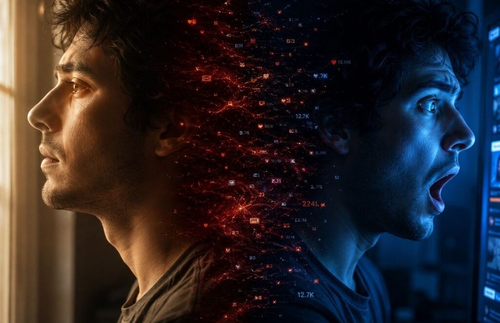 A split-screen of the same face under natural light and harsh screen light, symbolising how algorithms amplify emotional reaction.