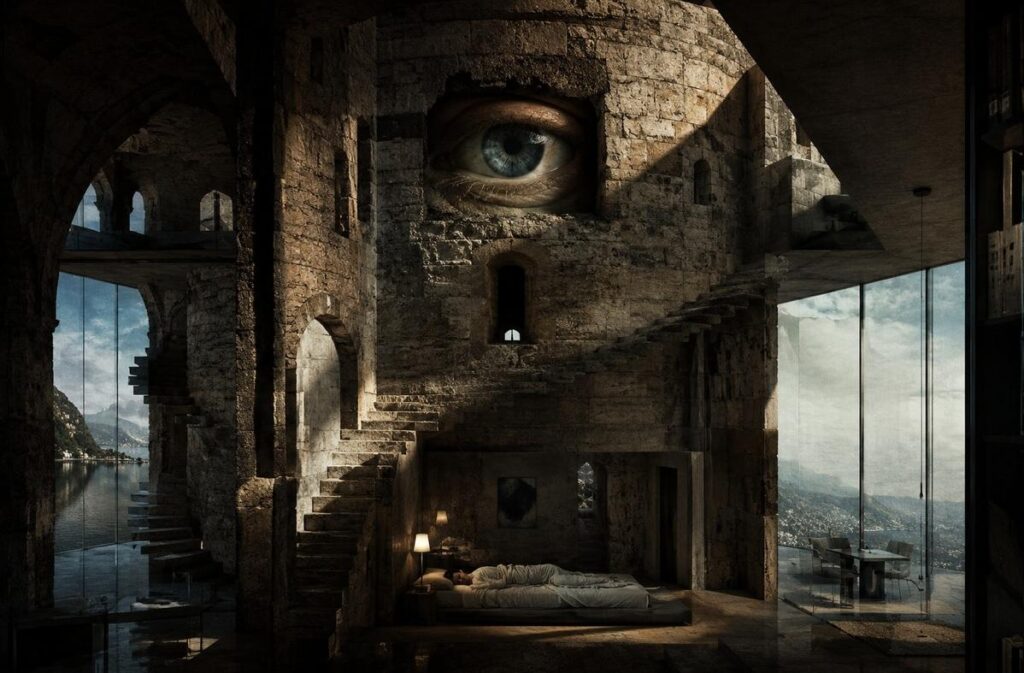 Surreal architecture combining a medieval watchtower with modern glass walls and a giant observing eye